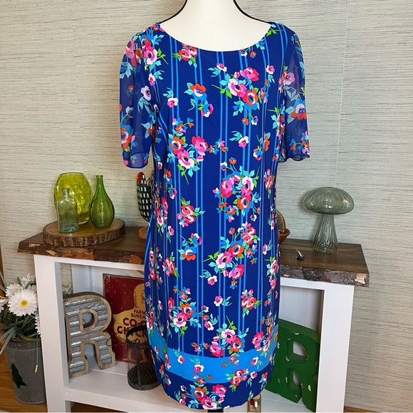 Karl Lagerfeld Paris Blue Floral Short Sleeve Striped Sheath Dress Women Size 10 - Picture 10 of 10